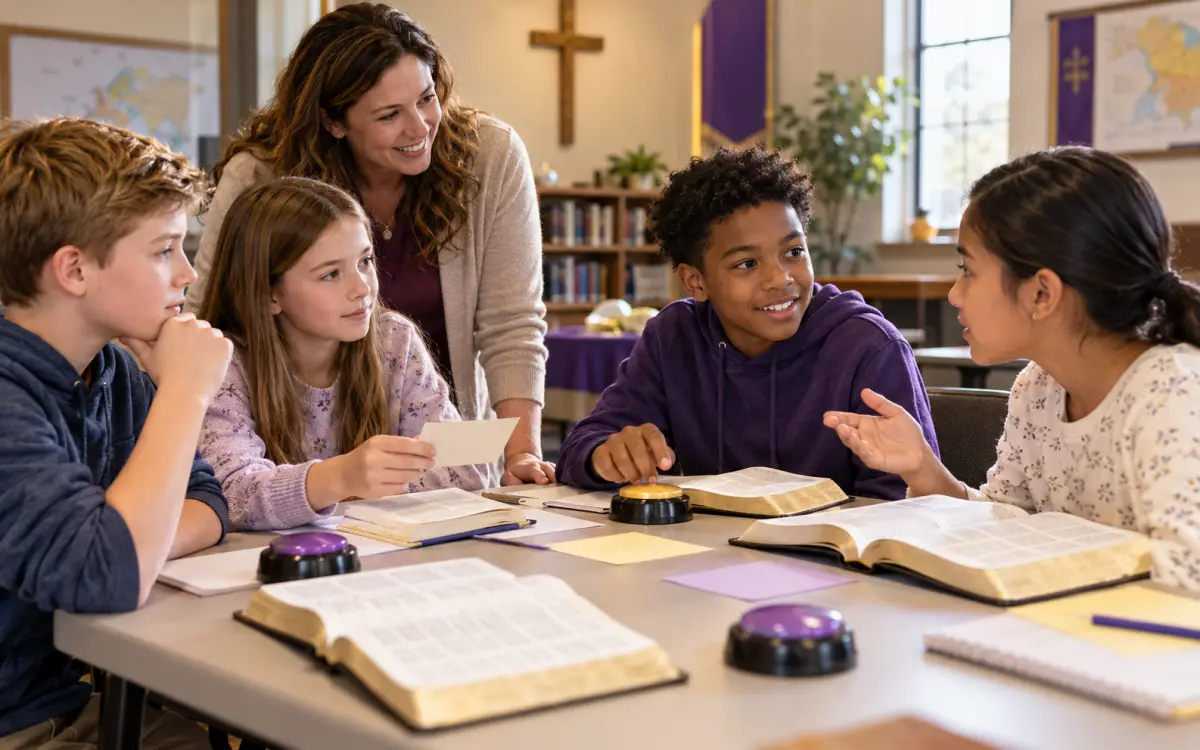 Younger and older children practicing Junior Bible Quiz together with a coach and quiz buzzers