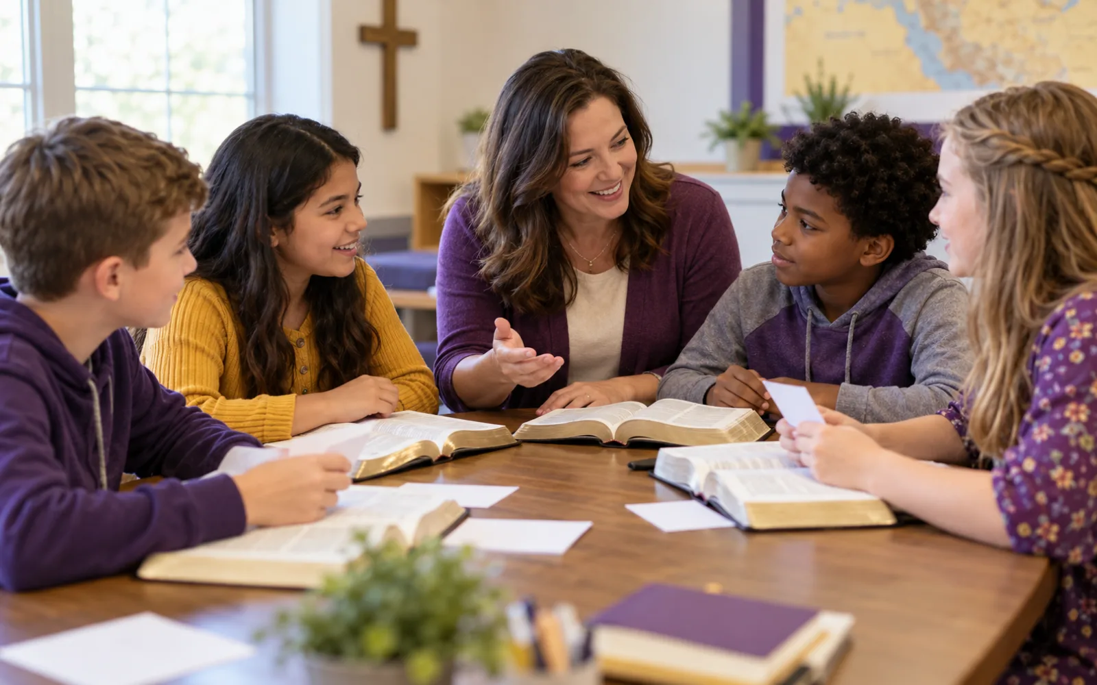 Children practicing Junior Bible Quiz with an adult coach