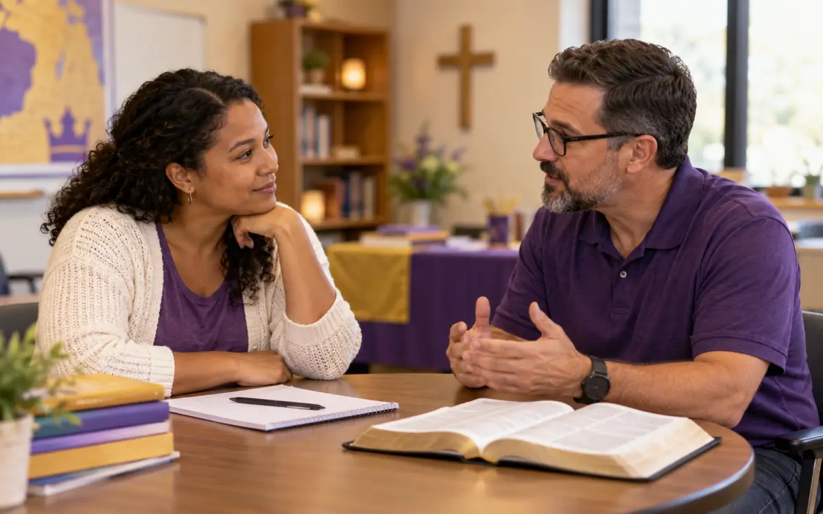 A parent and Junior Bible Quiz coordinator having a calm, respectful conversation in a church classroom