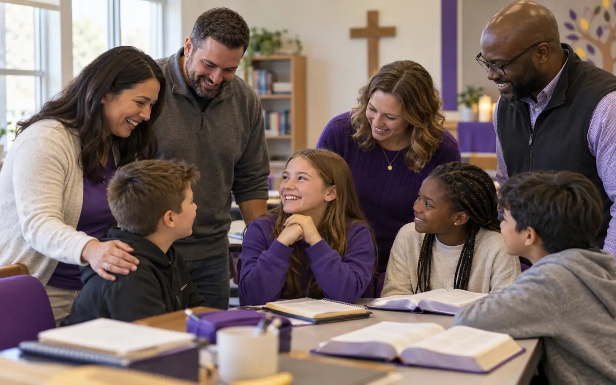 Coaches, parents, and children encouraging one another during Junior Bible Quiz practice in a church classroom