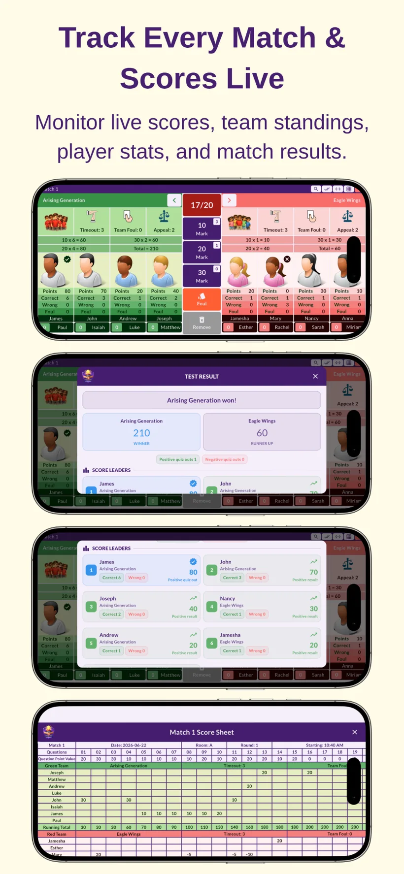 JBQ Companion live score tracking, test result and score sheet screens