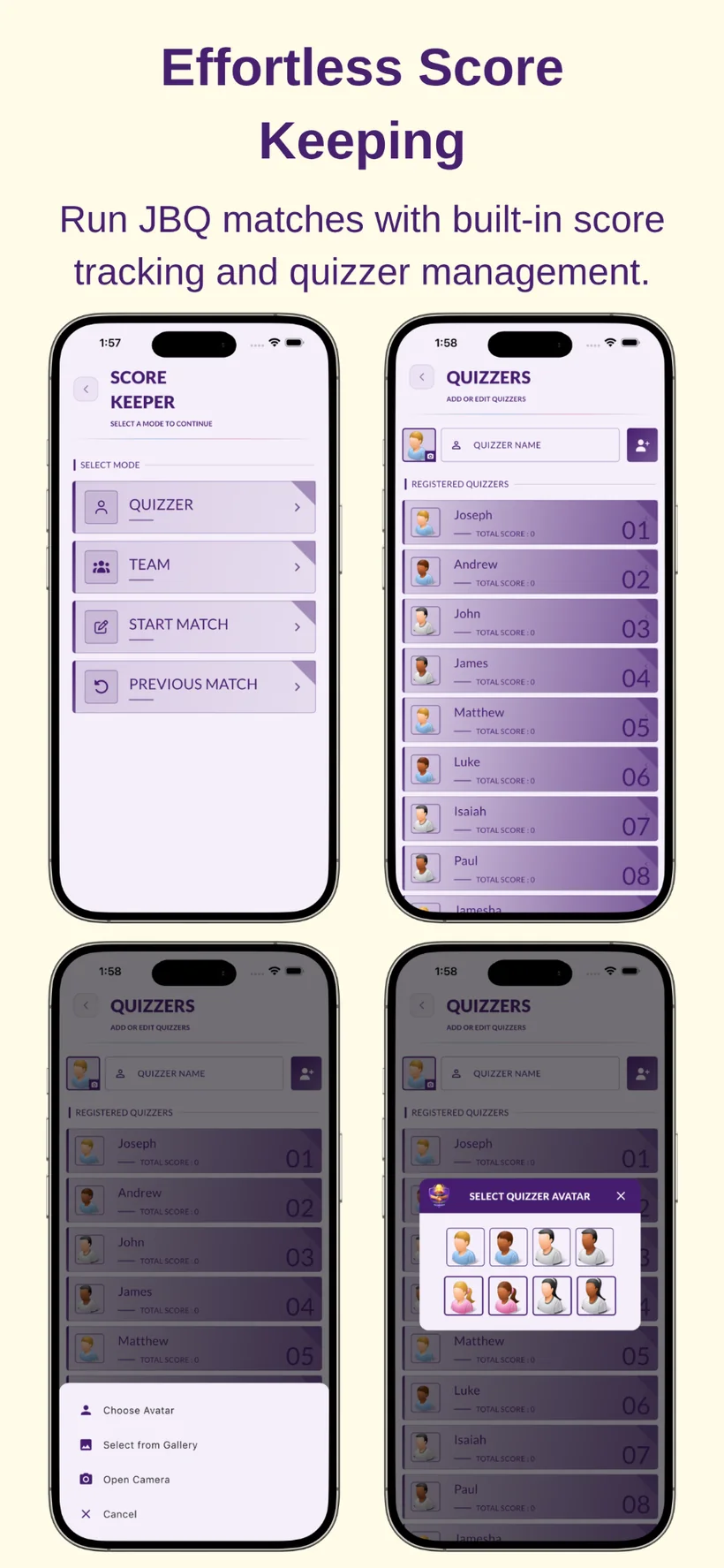 JBQ Companion Score Keeper and quizzer management screens