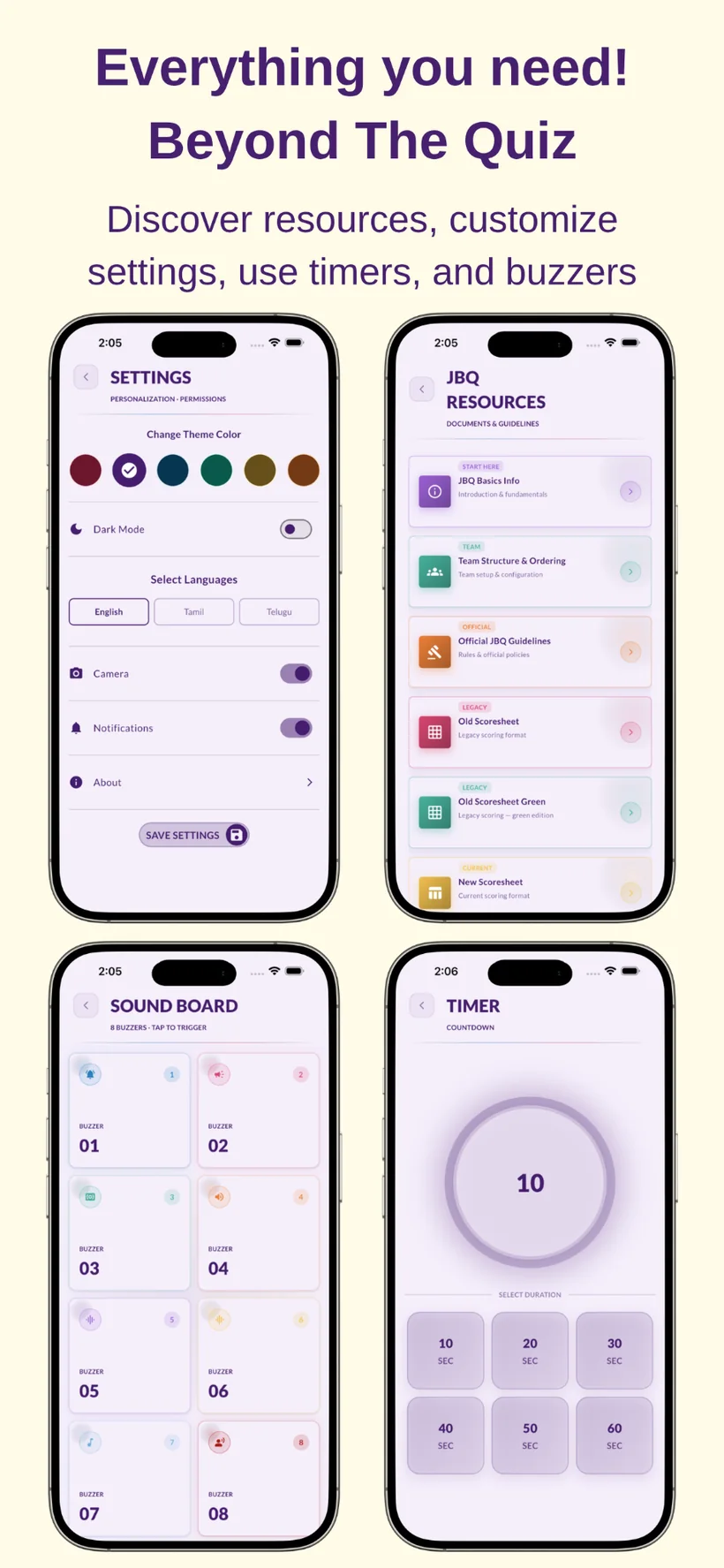 Settings, resources, sound board and timer